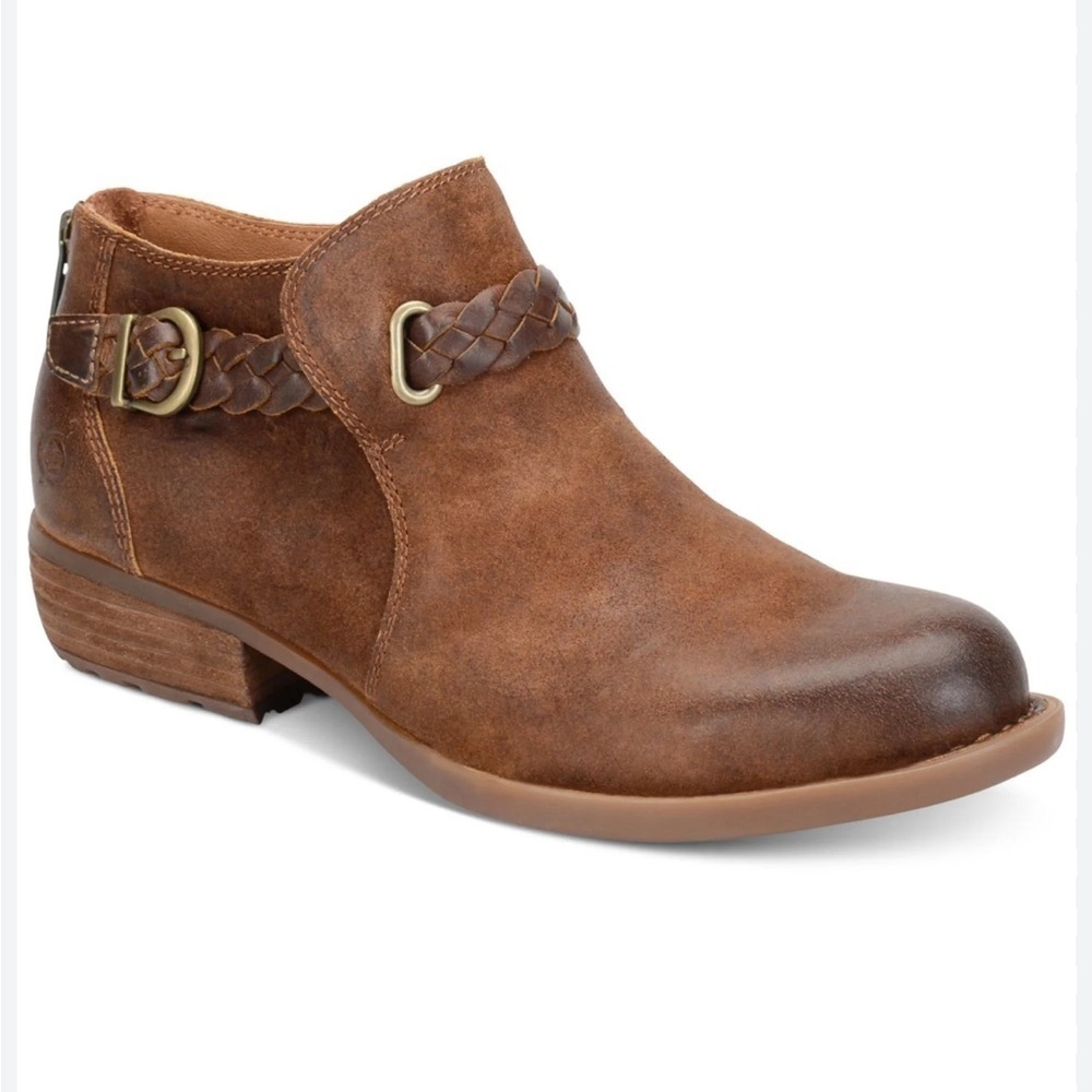 BORN Brown Distressed Leather Braided Strap Buckle Sylvia Stacked Heel Booties 8